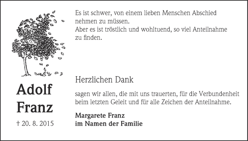  Traueranzeige für Adolf Franz vom 09.09.2015 aus  Kölner Wochenspiegel 