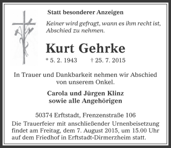 Anzeige von Kurt Gehrke von  Werbepost 