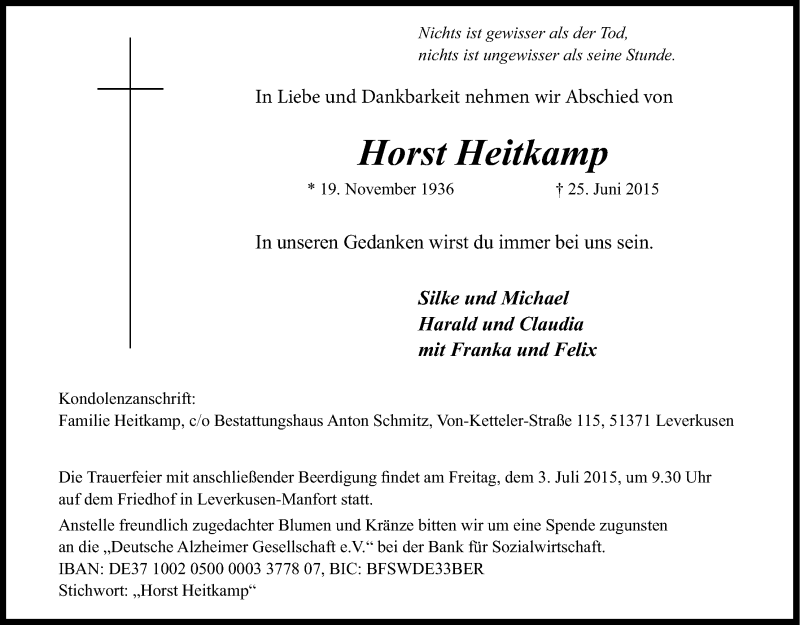  Traueranzeige für Horst Heitkamp vom 30.06.2015 aus Kölner Stadt-Anzeiger / Kölnische Rundschau / Express