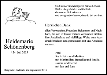 Anzeige von Heidemarie Schönenberg von Kölner Stadt-Anzeiger / Kölnische Rundschau / Express