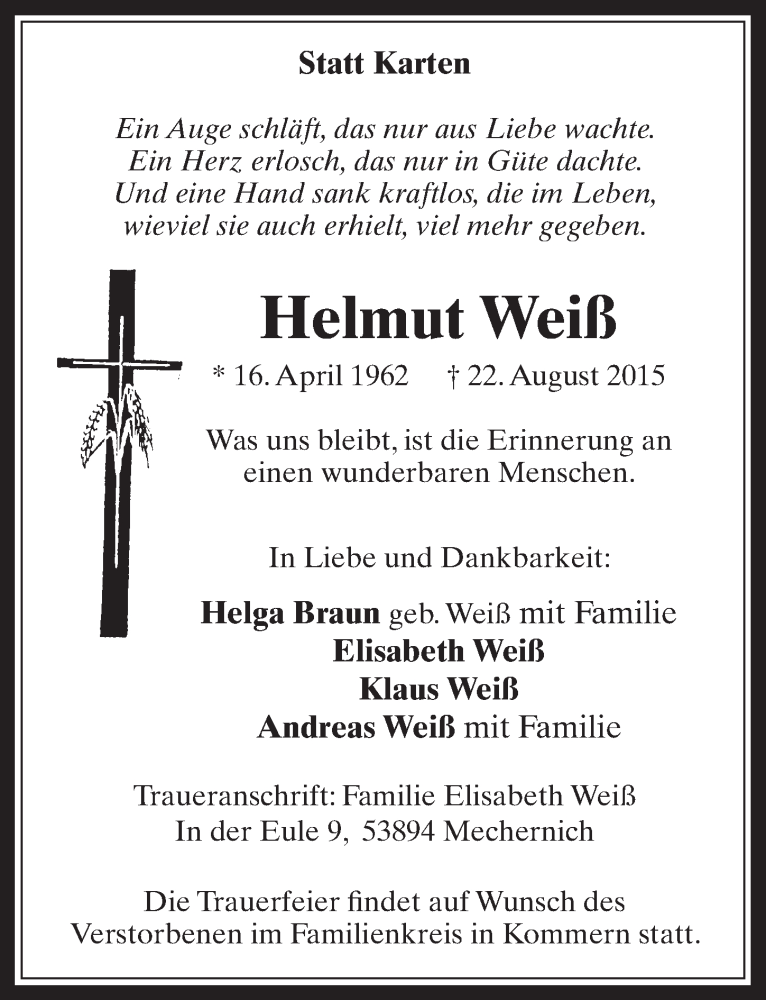  Traueranzeige für Helmut Weiß vom 09.09.2015 aus  Werbepost 
