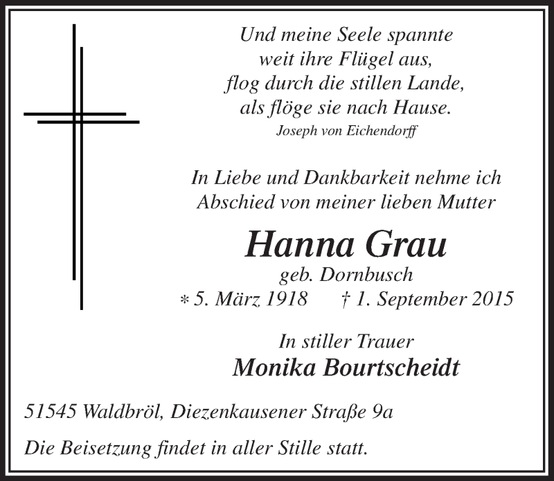  Traueranzeige für Hanna Grau vom 09.09.2015 aus  Lokalanzeiger 