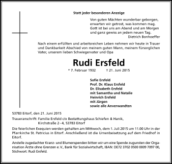 Anzeige von Rudi Ersfeld von Kölner Stadt-Anzeiger / Kölnische Rundschau / Express