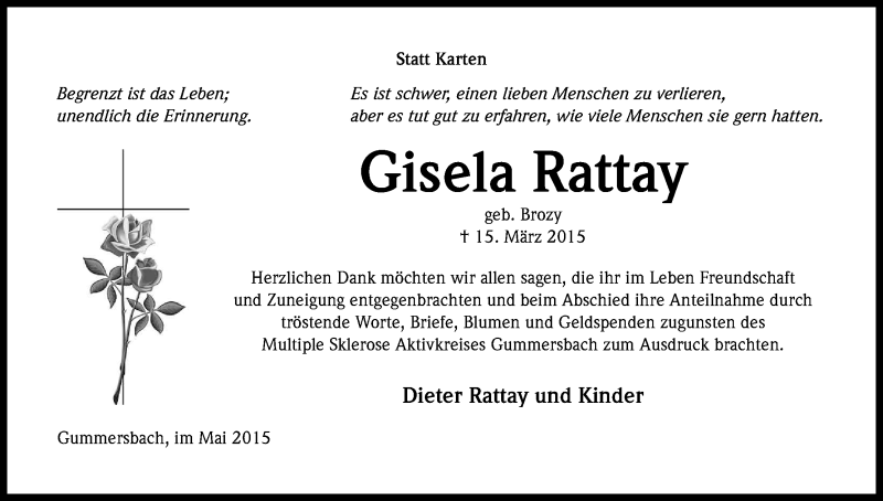  Traueranzeige für Gisela Rattay vom 09.05.2015 aus Kölner Stadt-Anzeiger / Kölnische Rundschau / Express