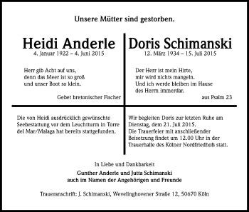Anzeige von Heidi Anderle von Kölner Stadt-Anzeiger / Kölnische Rundschau / Express