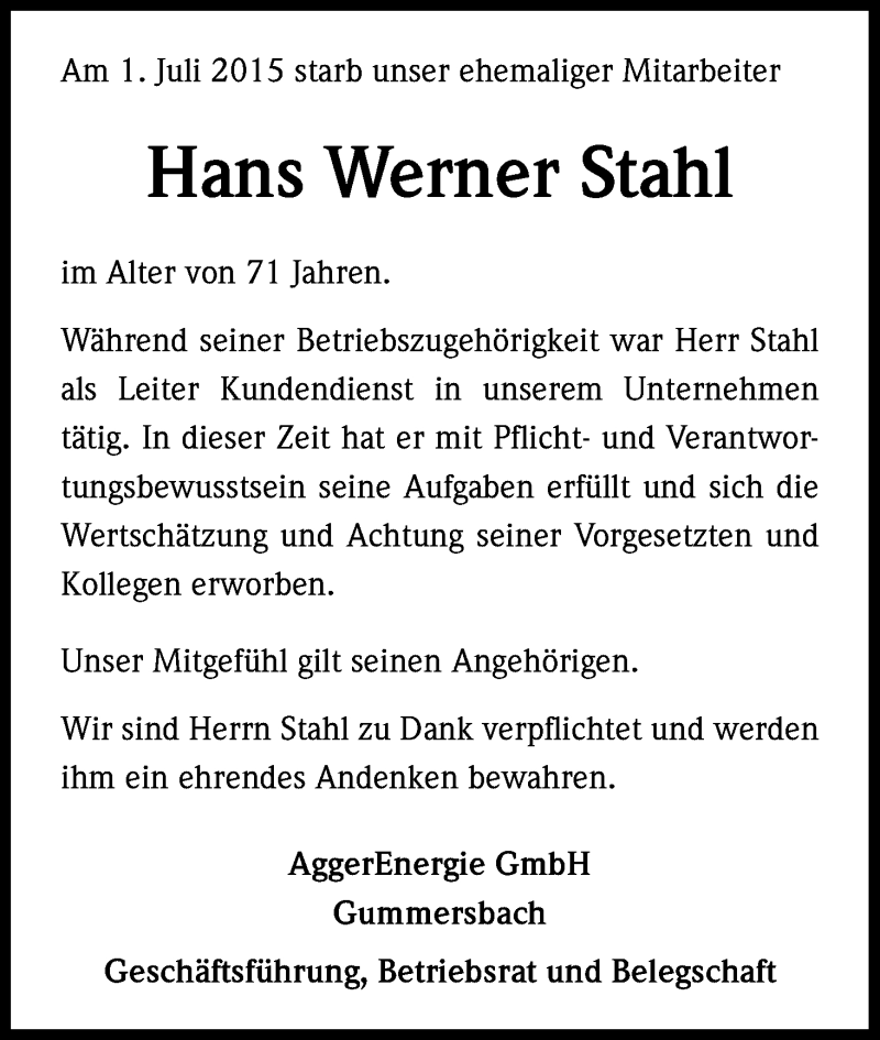 Traueranzeige für Hans Werner Stahl vom 09.07.2015 aus Kölner Stadt-Anzeiger / Kölnische Rundschau / Express