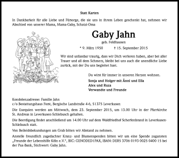 Anzeige von Gaby Jahn von Kölner Stadt-Anzeiger / Kölnische Rundschau / Express
