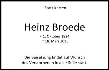 Anzeige von Heinz Broede von Kölner Stadt-Anzeiger / Kölnische Rundschau / Express