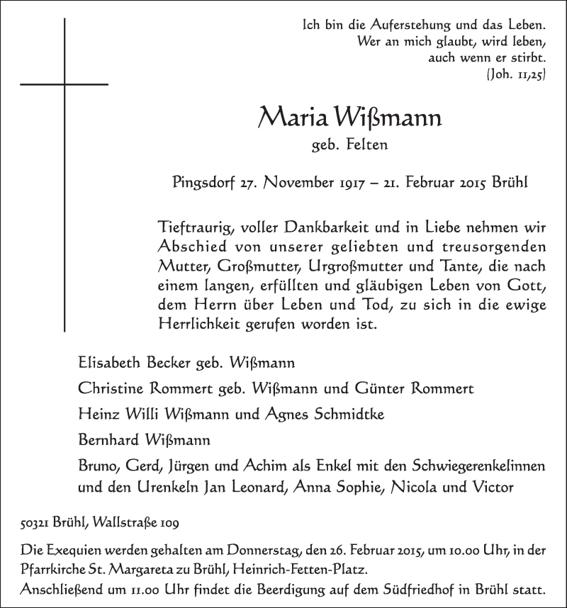  Traueranzeige für Maria Wißmann vom 25.02.2015 aus  Schlossbote/Werbekurier 