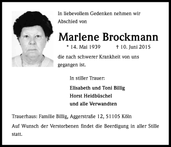 Anzeige von Marlene Brockmann von Kölner Stadt-Anzeiger / Kölnische Rundschau / Express