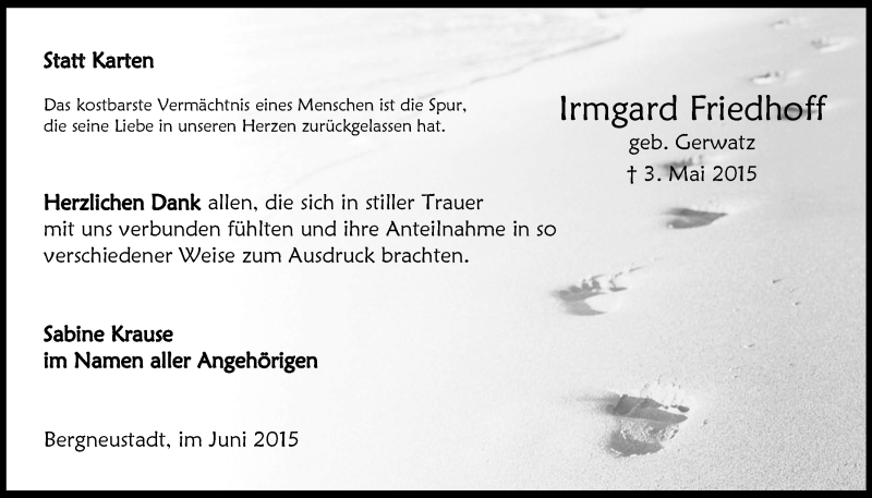  Traueranzeige für Irmgard Friedhoff vom 24.06.2015 aus  Anzeigen Echo 
