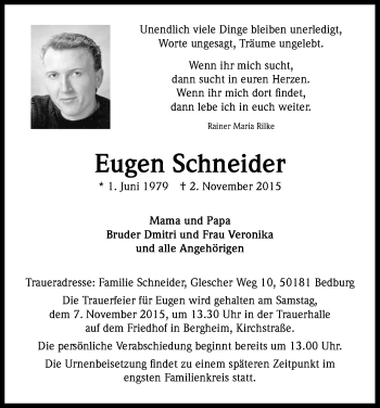 Anzeige von Eugen Schneider von Kölner Stadt-Anzeiger / Kölnische Rundschau / Express