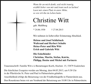 Anzeige von Christine Witt von Kölner Stadt-Anzeiger / Kölnische Rundschau / Express