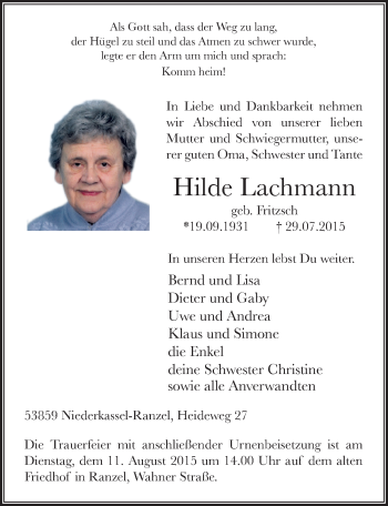Anzeige von Hilde Lachmann von  Extra Blatt 