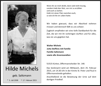 Anzeige von Hilde Michels von Kölner Stadt-Anzeiger / Kölnische Rundschau / Express