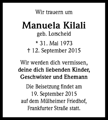 Anzeige von Manuela Kilali von Kölner Stadt-Anzeiger / Kölnische Rundschau / Express