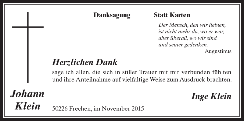  Traueranzeige für Johann Klein vom 18.11.2015 aus  Wochenende 