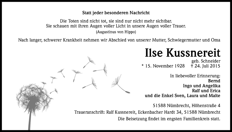  Traueranzeige für Ilse Kussnereit vom 29.07.2015 aus Kölner Stadt-Anzeiger / Kölnische Rundschau / Express