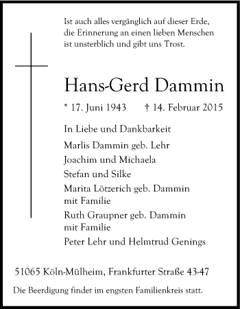 Anzeige von Hans-Gerd Dammin von Kölner Stadt-Anzeiger / Kölnische Rundschau / Express
