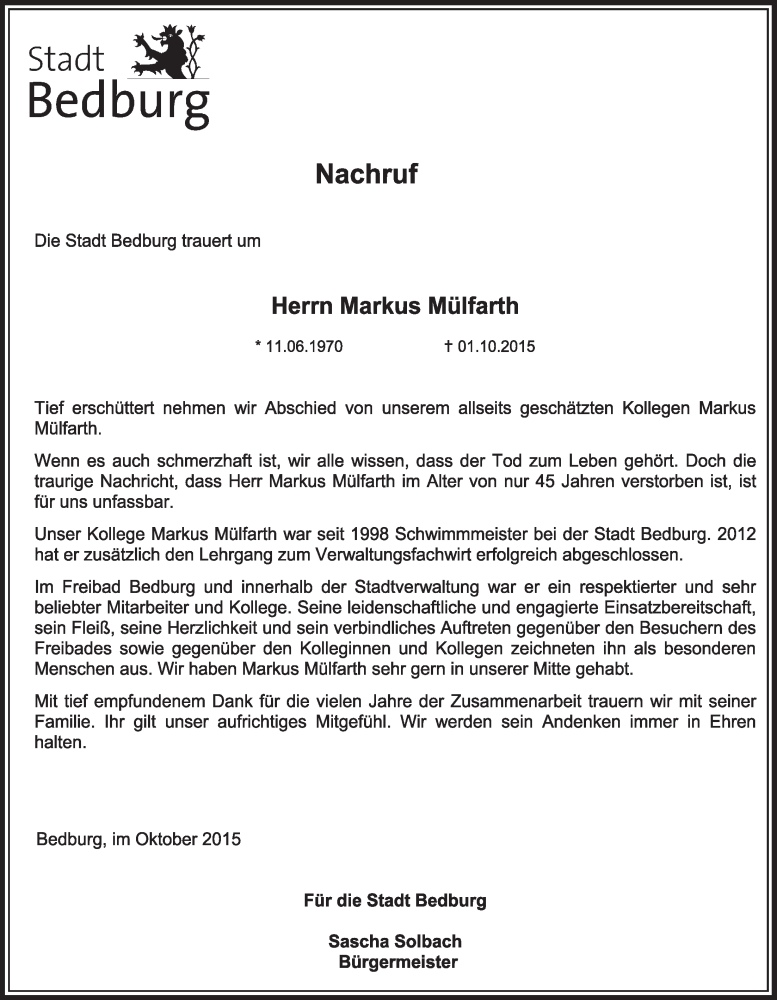  Traueranzeige für Markus Mülfarth vom 10.10.2015 aus  Sonntags-Post 