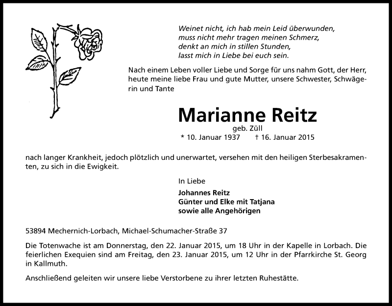  Traueranzeige für Marianne Reitz vom 21.01.2015 aus Kölner Stadt-Anzeiger / Kölnische Rundschau / Express