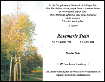 Anzeige von Rosemarie Stein von Kölner Stadt-Anzeiger / Kölnische Rundschau / Express