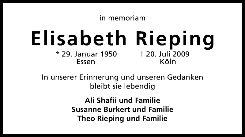  Traueranzeige für Elisabeth Rieping vom 20.07.2015 aus Kölner Stadt-Anzeiger / Kölnische Rundschau / Express