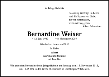 Anzeige von Bernardine Weiser von Kölner Stadt-Anzeiger / Kölnische Rundschau / Express