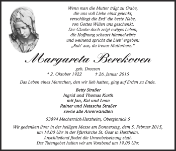 Anzeige von Margareta Berekoven von  Blickpunkt Euskirchen 