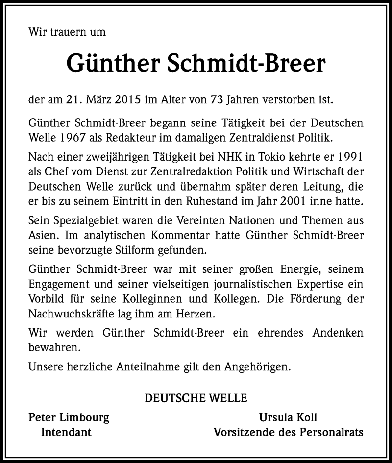 Traueranzeige für Günther Schmidt-Breer vom 10.04.2015 aus Kölner Stadt-Anzeiger / Kölnische Rundschau / Express
