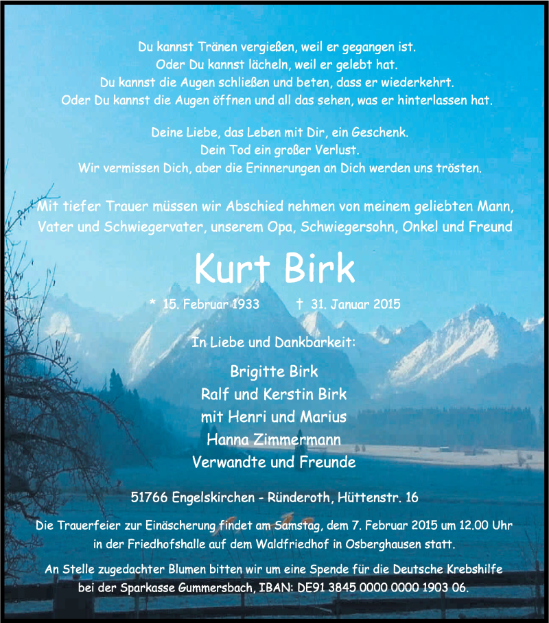  Traueranzeige für Kurt Birk vom 04.02.2015 aus Kölner Stadt-Anzeiger / Kölnische Rundschau / Express