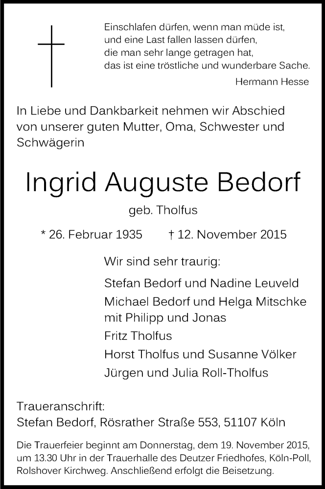  Traueranzeige für Ingrid Auguste Bedorf vom 17.11.2015 aus Kölner Stadt-Anzeiger / Kölnische Rundschau / Express