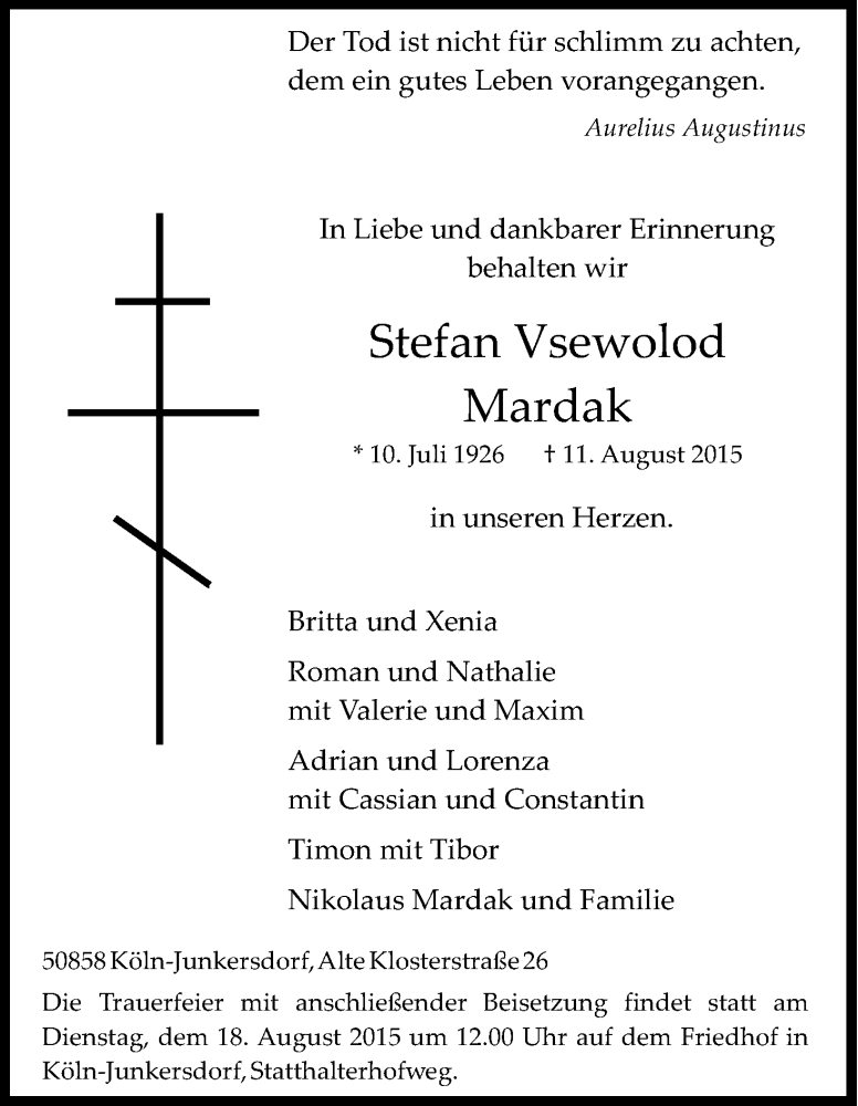  Traueranzeige für Stefan Vsewolod Mardak vom 15.08.2015 aus Kölner Stadt-Anzeiger / Kölnische Rundschau / Express