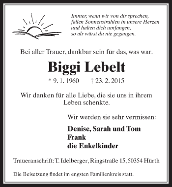 Anzeige von Biggi Lebelt von  Wochenende 