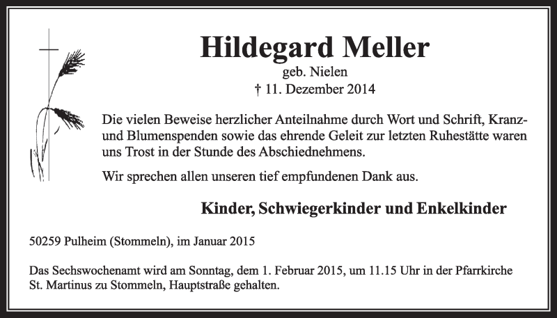  Traueranzeige für Hildegard Meller vom 24.01.2015 aus  Sonntags-Post 