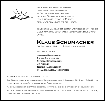 Anzeige von Klaus Schumacher von Kölner Stadt-Anzeiger / Kölnische Rundschau / Express