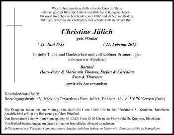 Anzeige von Christine Jülich von Kölner Stadt-Anzeiger / Kölnische Rundschau / Express