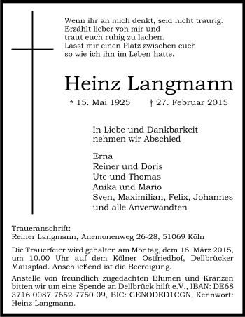 Anzeige von Heinz Langmann von Kölner Stadt-Anzeiger / Kölnische Rundschau / Express