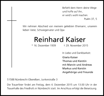 Anzeige von Reinhard Kaiser von Kölner Stadt-Anzeiger / Kölnische Rundschau / Express