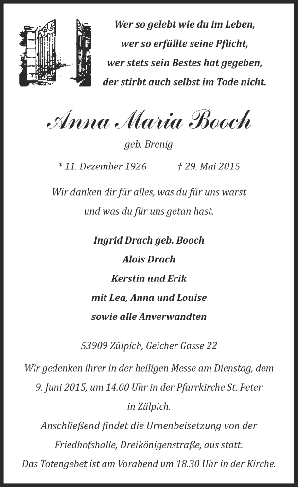  Traueranzeige für Anna Maria Booch vom 07.06.2015 aus  Blickpunkt Euskirchen 
