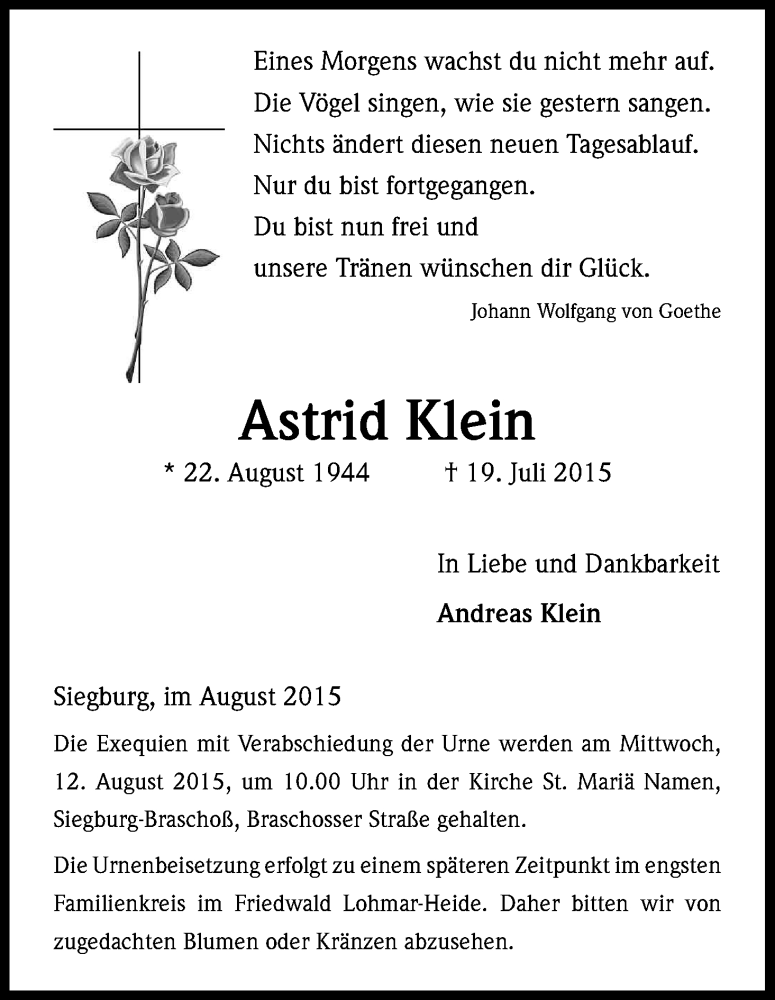  Traueranzeige für Astrid Klein vom 08.08.2015 aus Kölner Stadt-Anzeiger / Kölnische Rundschau / Express
