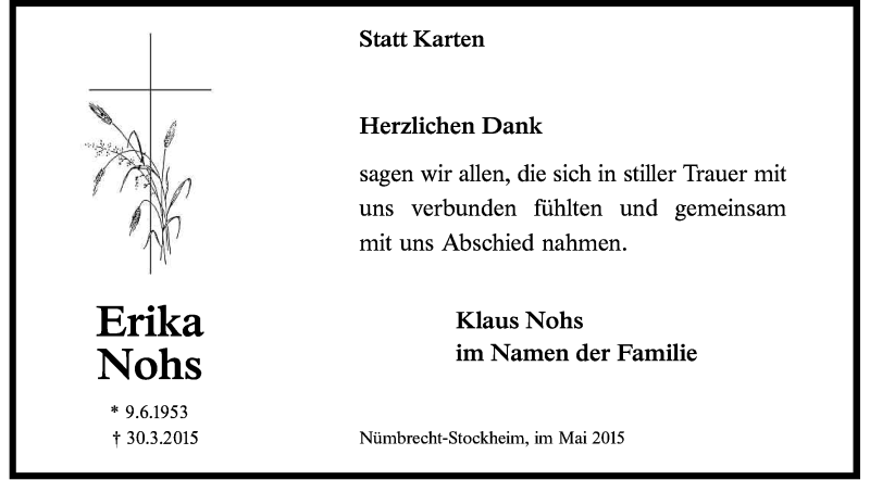  Traueranzeige für Erika Nohs vom 09.05.2015 aus Kölner Stadt-Anzeiger / Kölnische Rundschau / Express