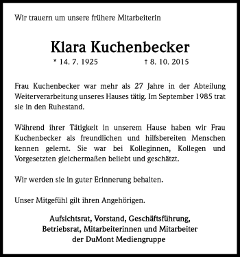 Anzeige von Klara Kuchenbecker von Kölner Stadt-Anzeiger / Kölnische Rundschau / Express