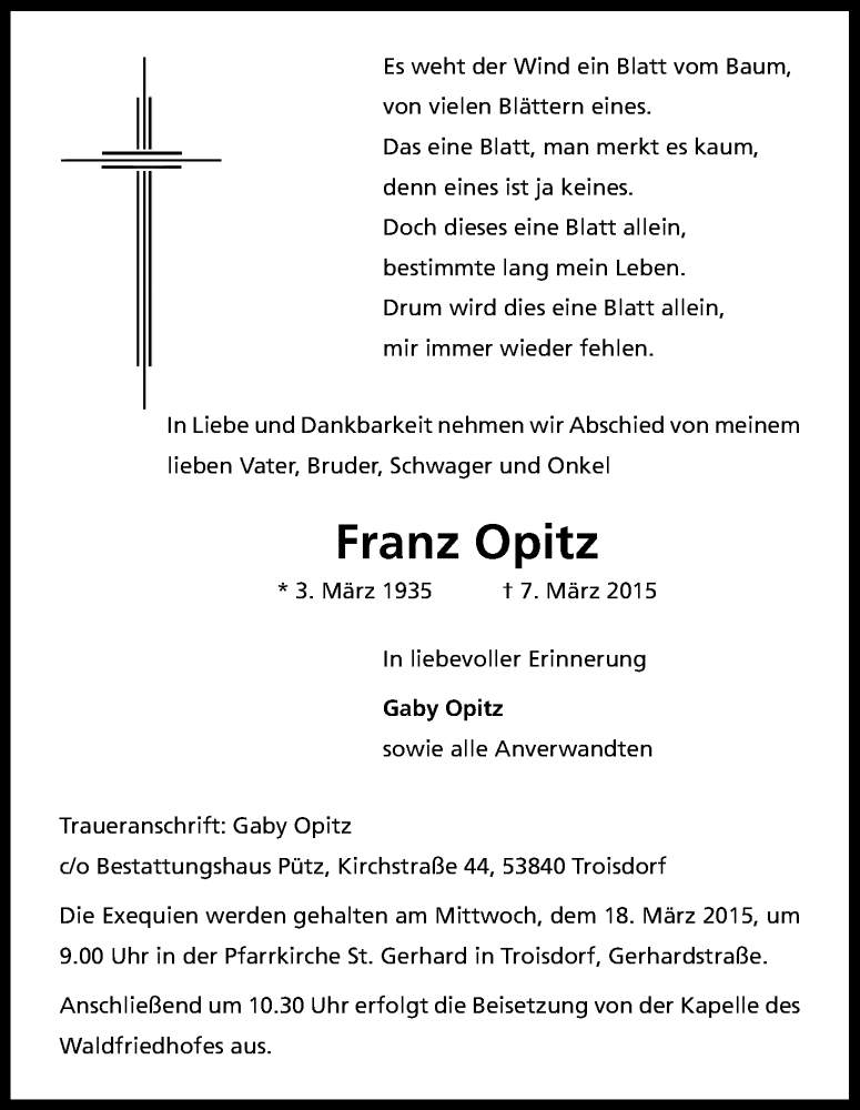  Traueranzeige für Franz Opitz vom 14.03.2015 aus Kölner Stadt-Anzeiger / Kölnische Rundschau / Express