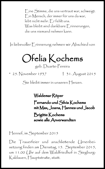 Anzeige von Ofelia Kochems von Kölner Stadt-Anzeiger / Kölnische Rundschau / Express