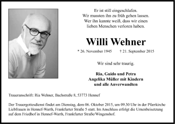 Anzeige von Willi Wehner von Kölner Stadt-Anzeiger / Kölnische Rundschau / Express