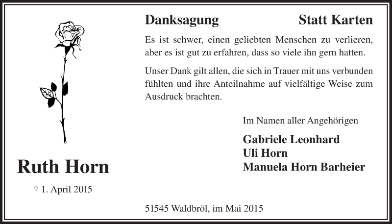  Traueranzeige für Ruth Horn vom 06.05.2015 aus  Lokalanzeiger 