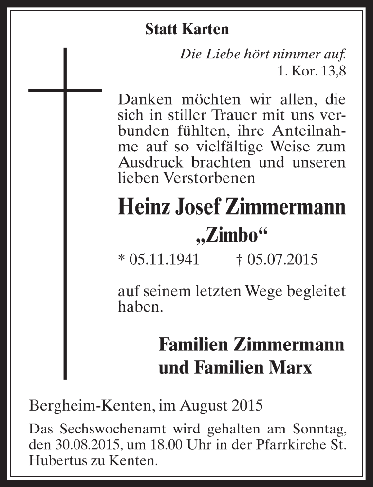  Traueranzeige für Heinz Josef Zimmermann vom 26.08.2015 aus  Werbepost 