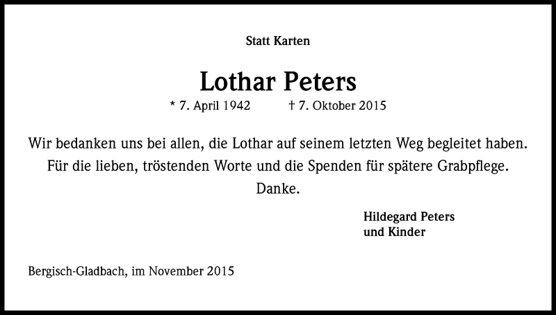  Traueranzeige für Lothar Peters vom 20.11.2015 aus Kölner Stadt-Anzeiger / Kölnische Rundschau / Express