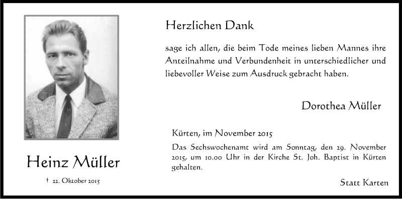  Traueranzeige für Heinz Müller vom 21.11.2015 aus Kölner Stadt-Anzeiger / Kölnische Rundschau / Express